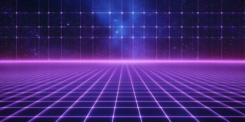 Retro Futuristic Grid Landscape Extends into a Starry Night Sky Background