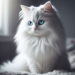 Beautiful White Angora Cat in Soft Light, Blue Eyes Sparkling