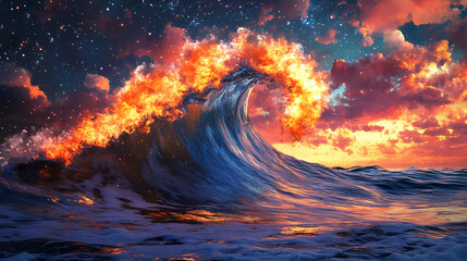 Fiery cosmic wave combining elements of fire and water. Stellar Lagoon. Illustration