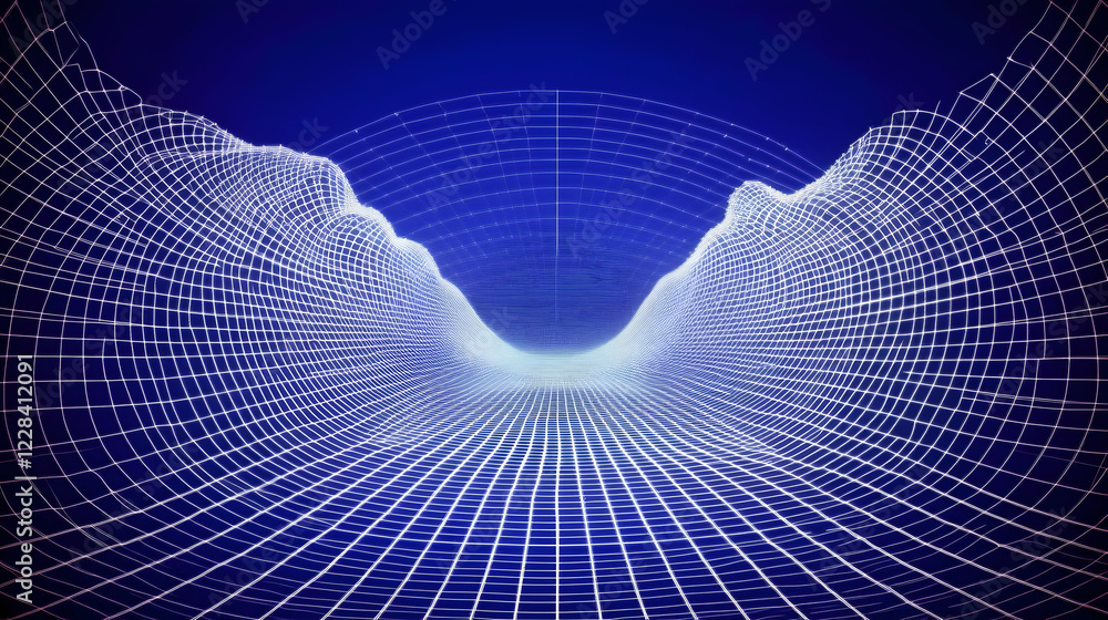 Poster abstract 3d wireframe tunnel creates a futuristic pathway through digital space