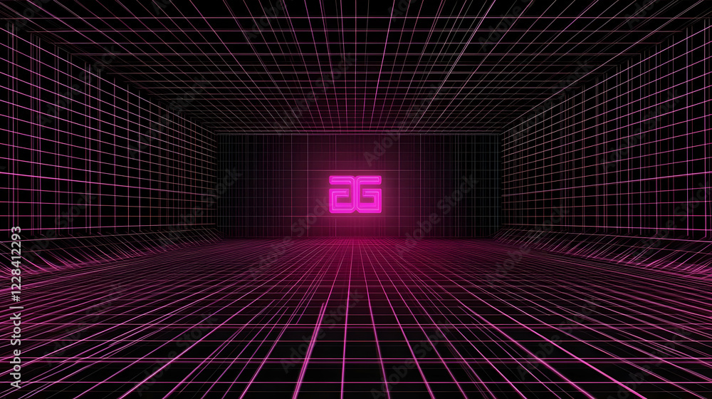 Aufkleber 3d abstract neon grid room background illuminates with vibrant pink lines dynamically