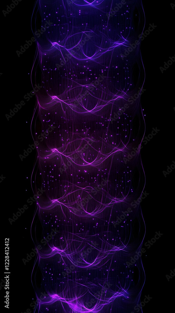 Poster abstract purple wavy lines flowing smoothly with glowing particles on dark background