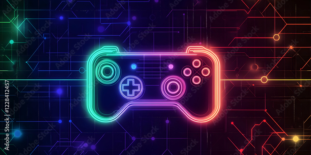 Poster neon gamepad glows on circuit board background representing video game technology and innovation.