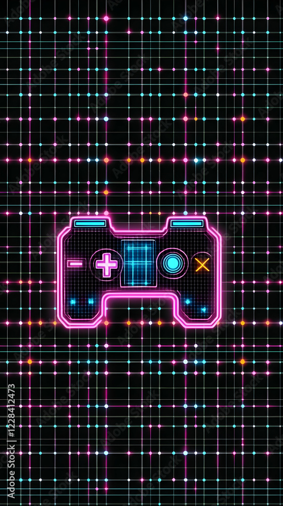 Poster neon gamepad glows on a grid background with colorful lights and digital interface display