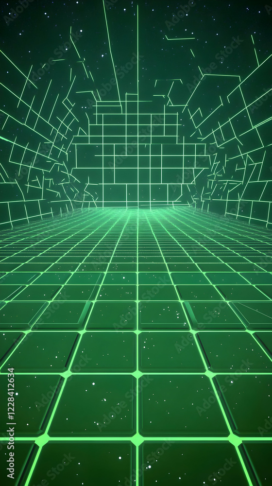 Aufkleber green grid floor extends into abstract space with glowing lines and particles