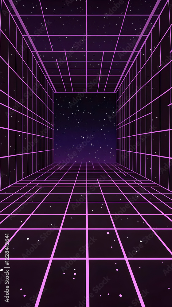 Poster retro futuristic grid tunnel extends into starry space with perspective lines