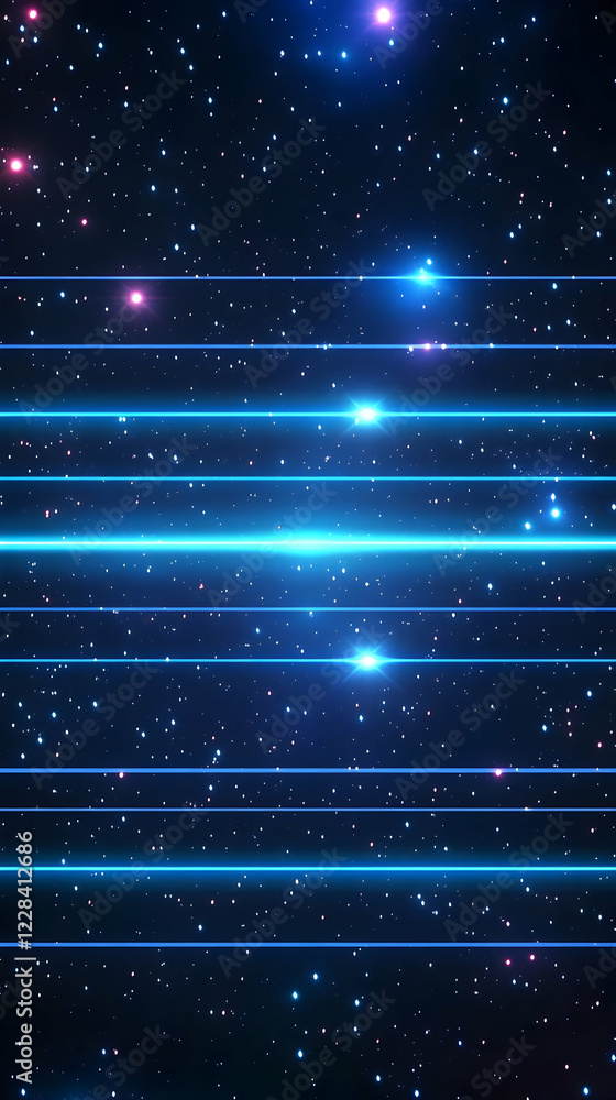 Poster abstract space background with glowing horizontal lines and stars scattered beautifully across the i