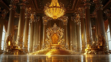 Majestic Golden Throne Room with Chandeliers and Elegant Decor