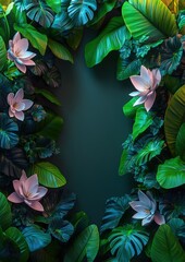 Fototapeta premium Vibrant Tropical Botanical Arrangement with Pink Flowers and Lush Green Foliage | Paradise Floral Border Design for Nature Lovers and Interior Decor Enthusiasts