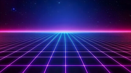 Retro Futuristic Grid Landscape with Pink and Purple Neon Glow under a Starry Night Sky