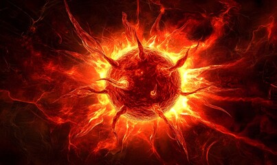 Fiery virus cell exploding in dark space; medical illustration