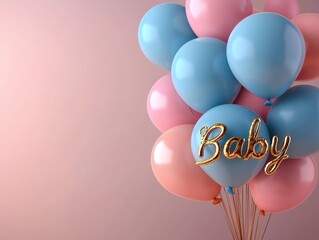 Baby shower celebration blessing concept. Colorful baby balloons with a cute 'Baby' inscription celebrate new beginnings.