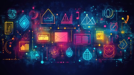 Colorful digital interface with various icons representing data analysis, communication, and technology