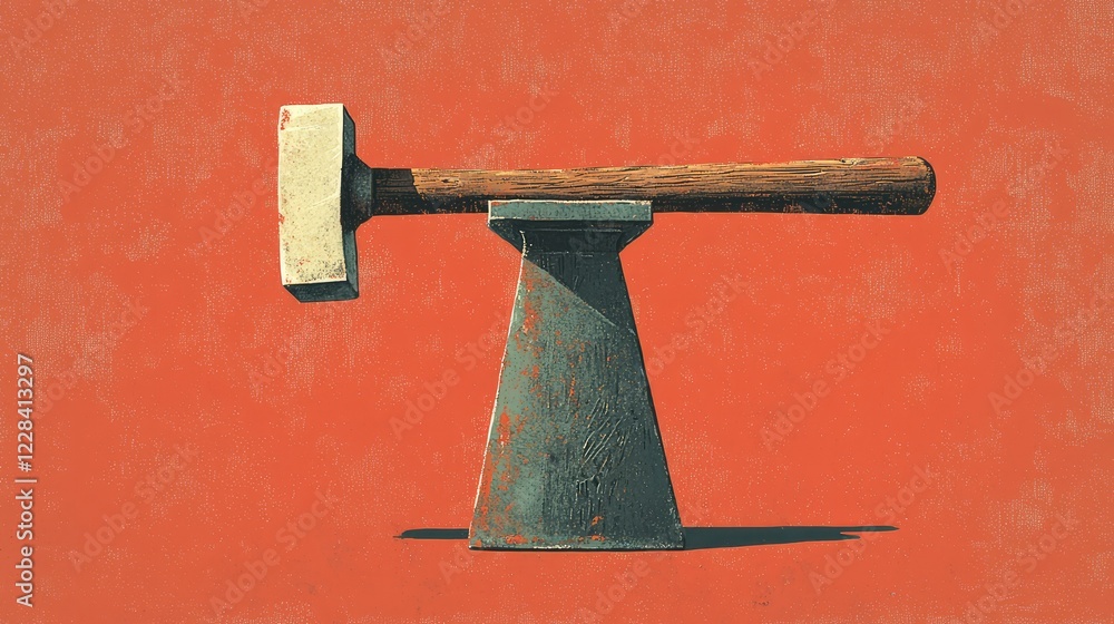 Poster hammer on anvil with red background in artistic display