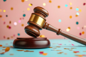 Gavel at a Celebration with Confetti in the Background Symbolizing Justice and Festivity in a Colorful Legal or Judicial Context