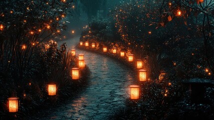 Serene Night Pathway Illuminated by Lanterns in Enchanted Garden