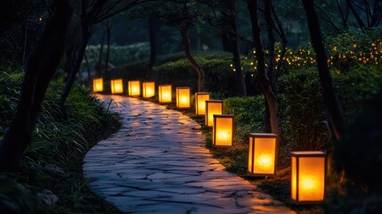 Serene Pathway Illuminated by Soft Lanterns in Tranquil Garden