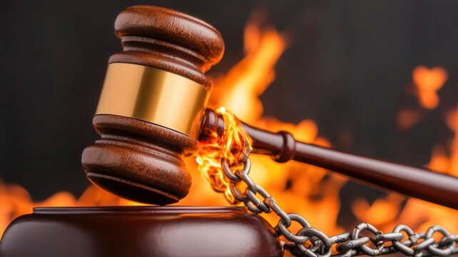 Law restriction justice concept. A fiery gavel smashing through chains, symbolizing the fight for unrestrained justice
