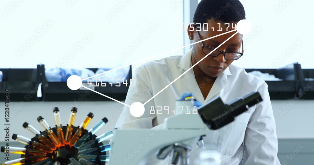 Poster image of data processing and shapes over biracial female scientist doing experiment