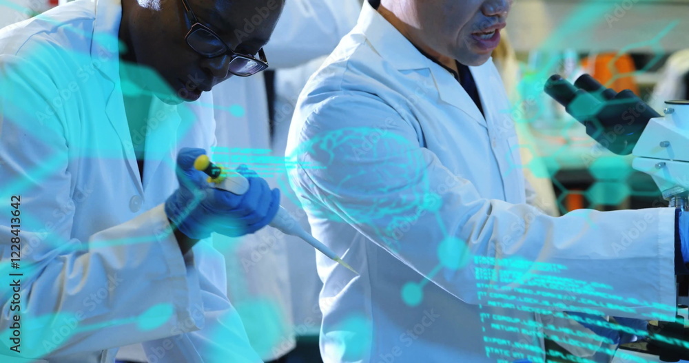 Poster image of data processing and chemical formula over diverse scientists doing experiment
