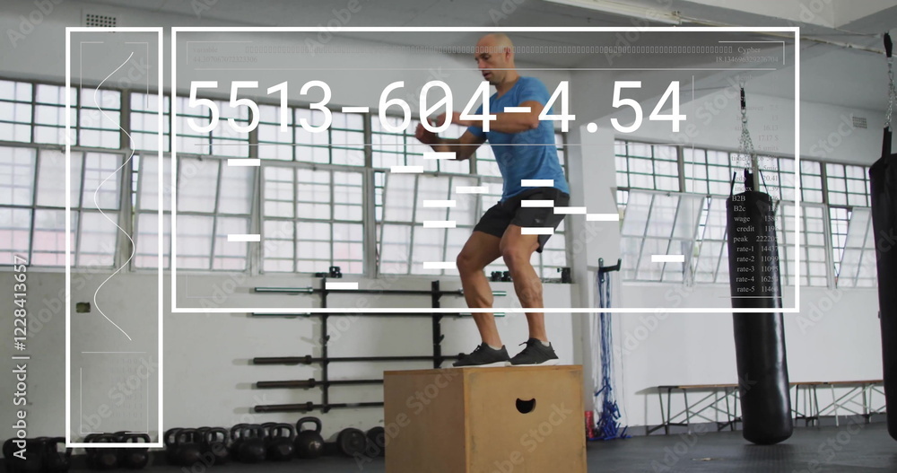 Poster image of digital data processing over biracial man exercising in gym, jumping on box