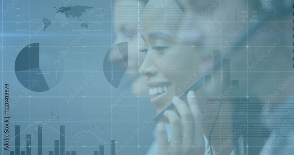 Poster image of financial data processing over diverse colleagues using phone headsets and computers