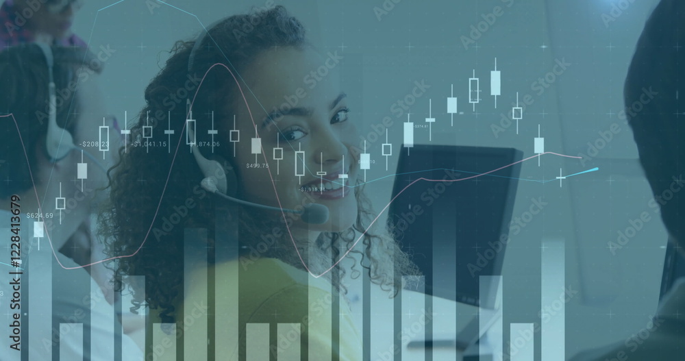 Poster image of financial data processing over diverse colleagues using phone headsets and computers