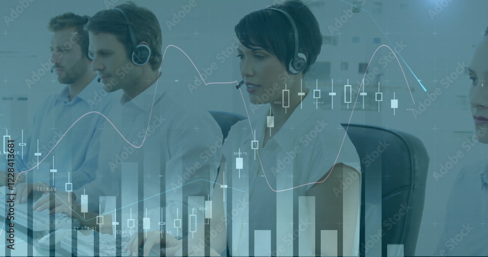 Poster image of financial data processing over diverse colleagues using phone headsets and computers