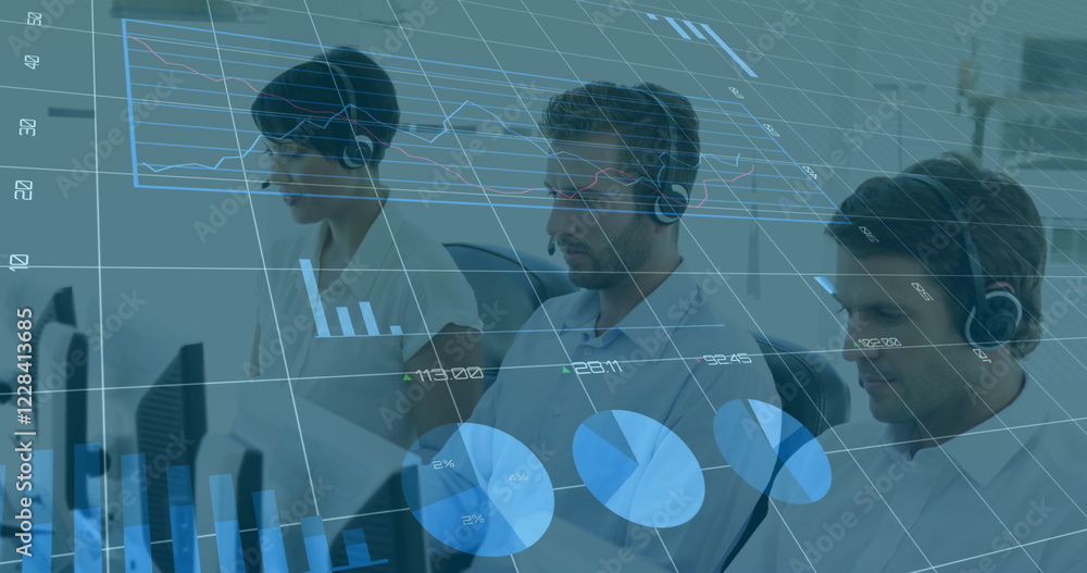Poster image of financial data processing over diverse colleagues using phone headsets and computers