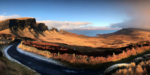 Fototapeta premium A winding road leads through a frosted valley, past rugged cliffs and a serene bay under a partly cloudy sky.