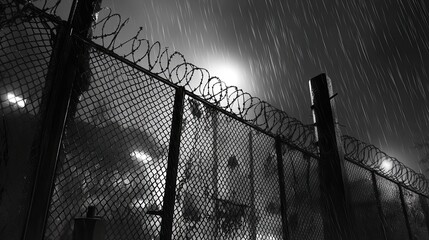 Rainy night scene of a chain-link fence topped with barbed wire. Illustrates themes of confinement, security, or isolation.