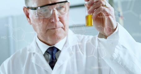 Image of data processing and chemical formula over caucasian male scientist doing experiment