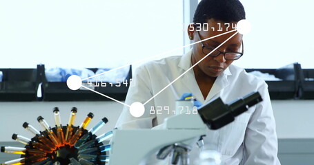 Image of data processing and shapes over biracial female scientist doing experiment