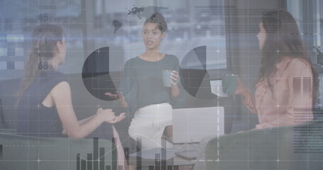 Image of financial data processing over diverse business people in office