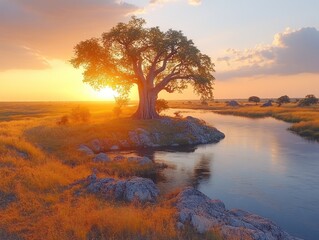 Golden sunset illuminates a serene African landscape with a large tree and river
