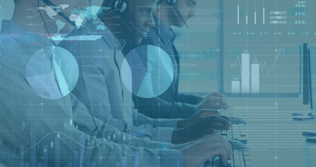 Image of financial data processing over diverse colleagues using phone headsets and computers