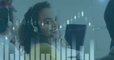 Image of financial data processing over diverse colleagues using phone headsets and computers