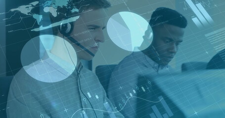 Image of financial data processing over diverse colleagues using phone headsets and computers