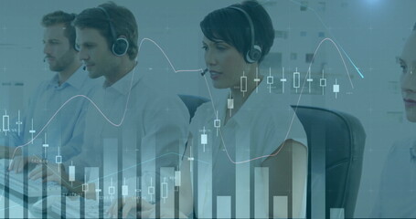 Image of financial data processing over diverse colleagues using phone headsets and computers