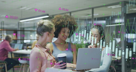 Image of financial data processing over diverse business people in office