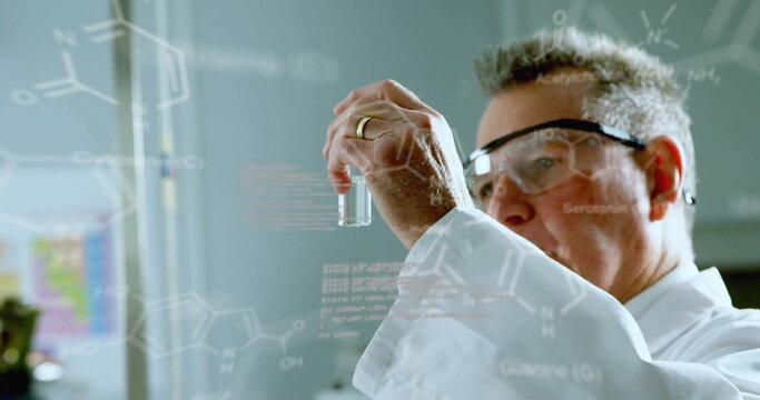 Image of data processing and chemical formula over caucasian male scientist doing experiment