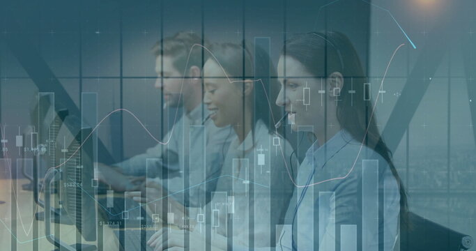 Image of financial data processing over diverse colleagues using phone headsets and computers