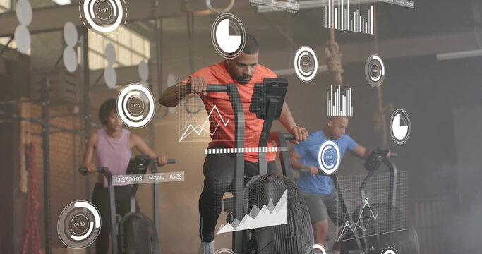 Image of digital data processing over diverse people exercising in gym