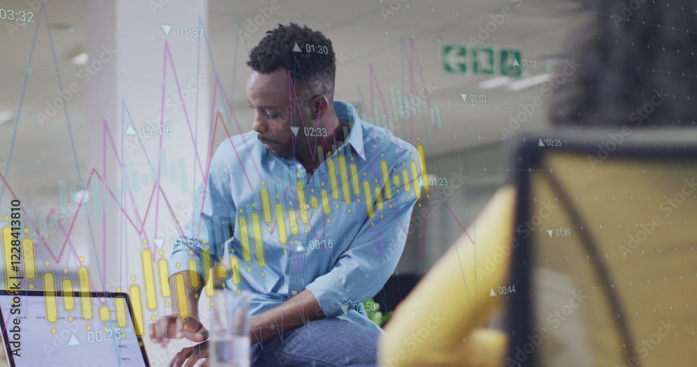 Poster image of diagram and data processing over biracial colleagues using laptop in office