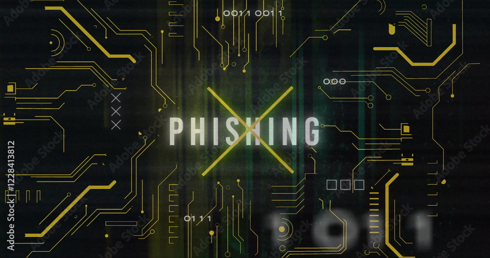 Poster image of phishing text over data processing and server room