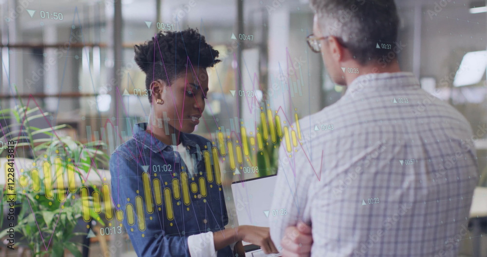 Poster image of diagram and data processing over diverse colleagues using laptop in office