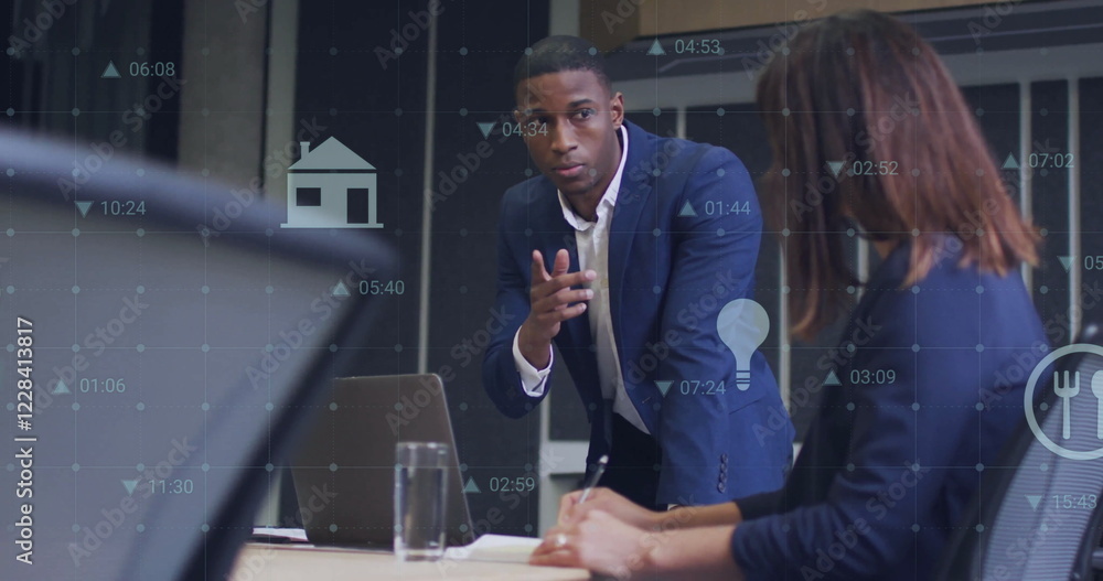 Poster image of media icons and data processing over diverse colleagues using laptop in office