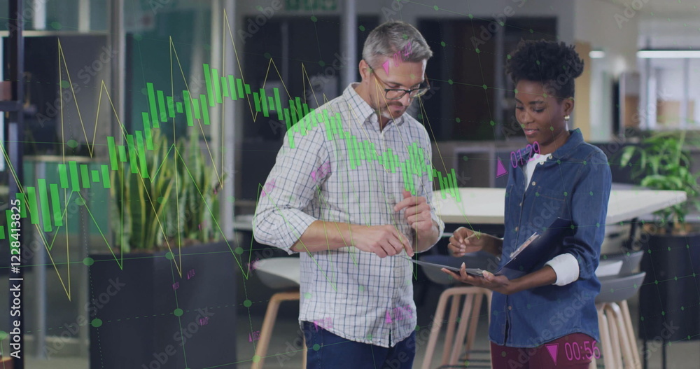 Poster image of diagram and data processing over diverse colleagues using tablet in office