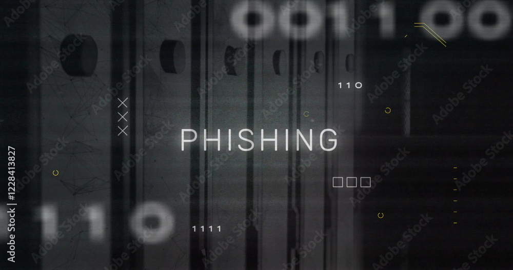 Poster image of phishing text over data processing and server room