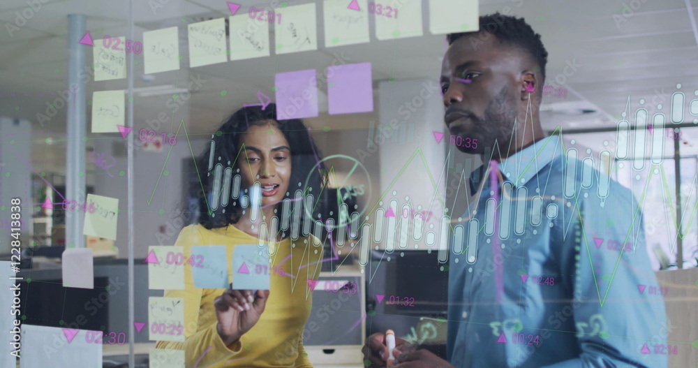 Poster image of diagram and data processing over diverse colleagues talking in office